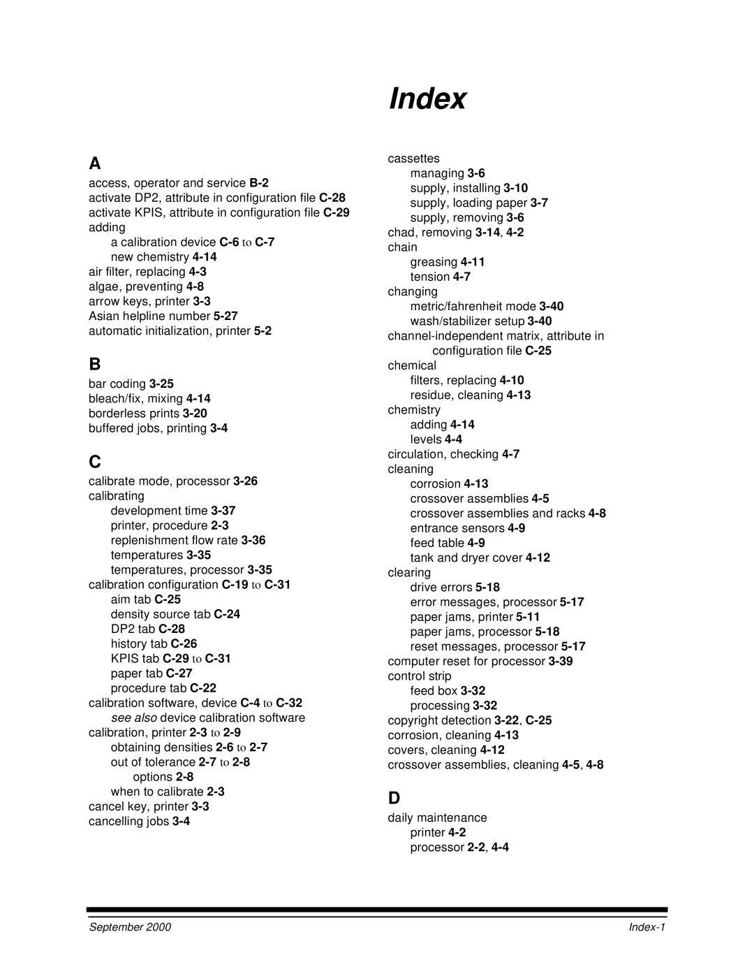 Kodak 20P manual Index, Kpis tab C-29to C-31paper tab C-27procedure tab C-22 