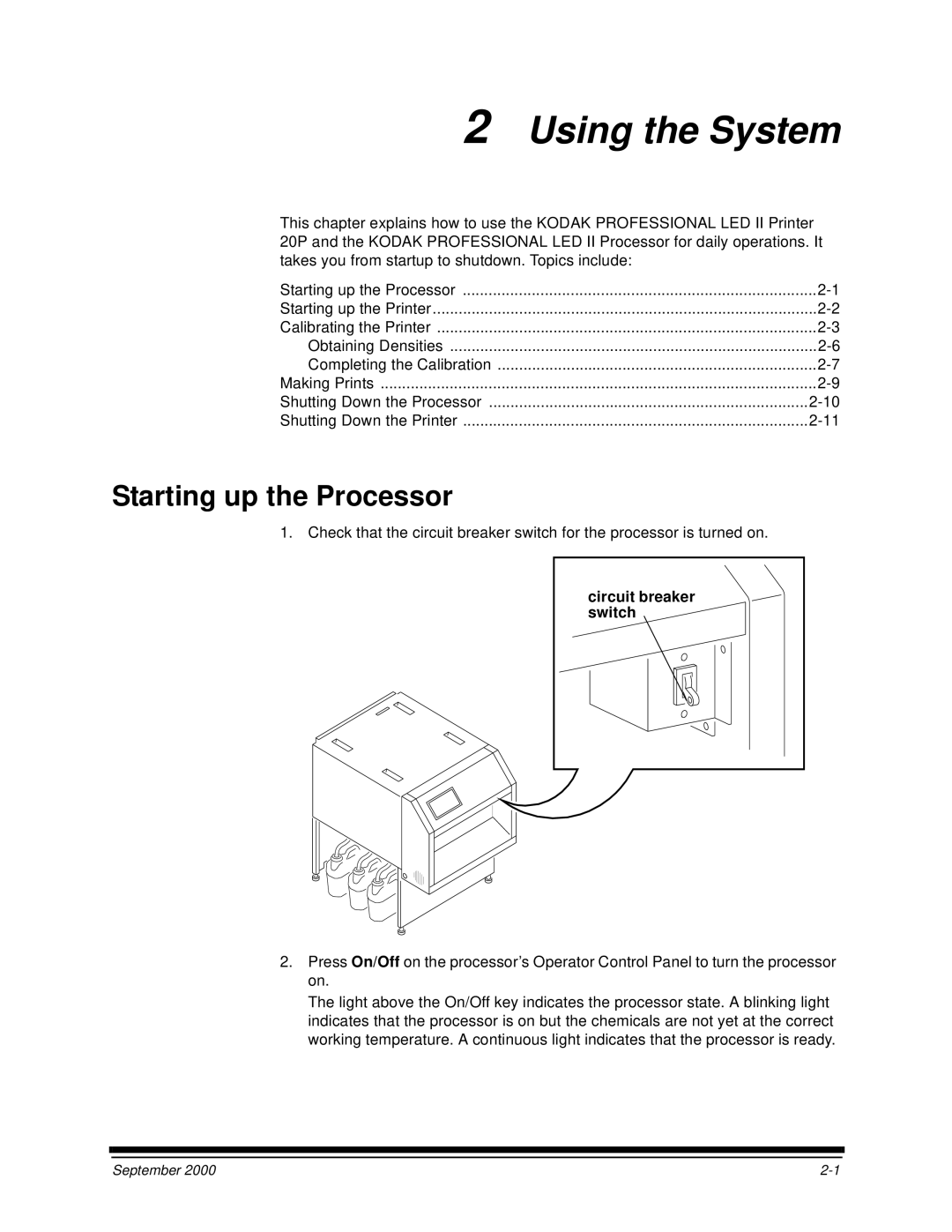 Kodak 20P manual Starting up the Processor, Circuit breaker switch 