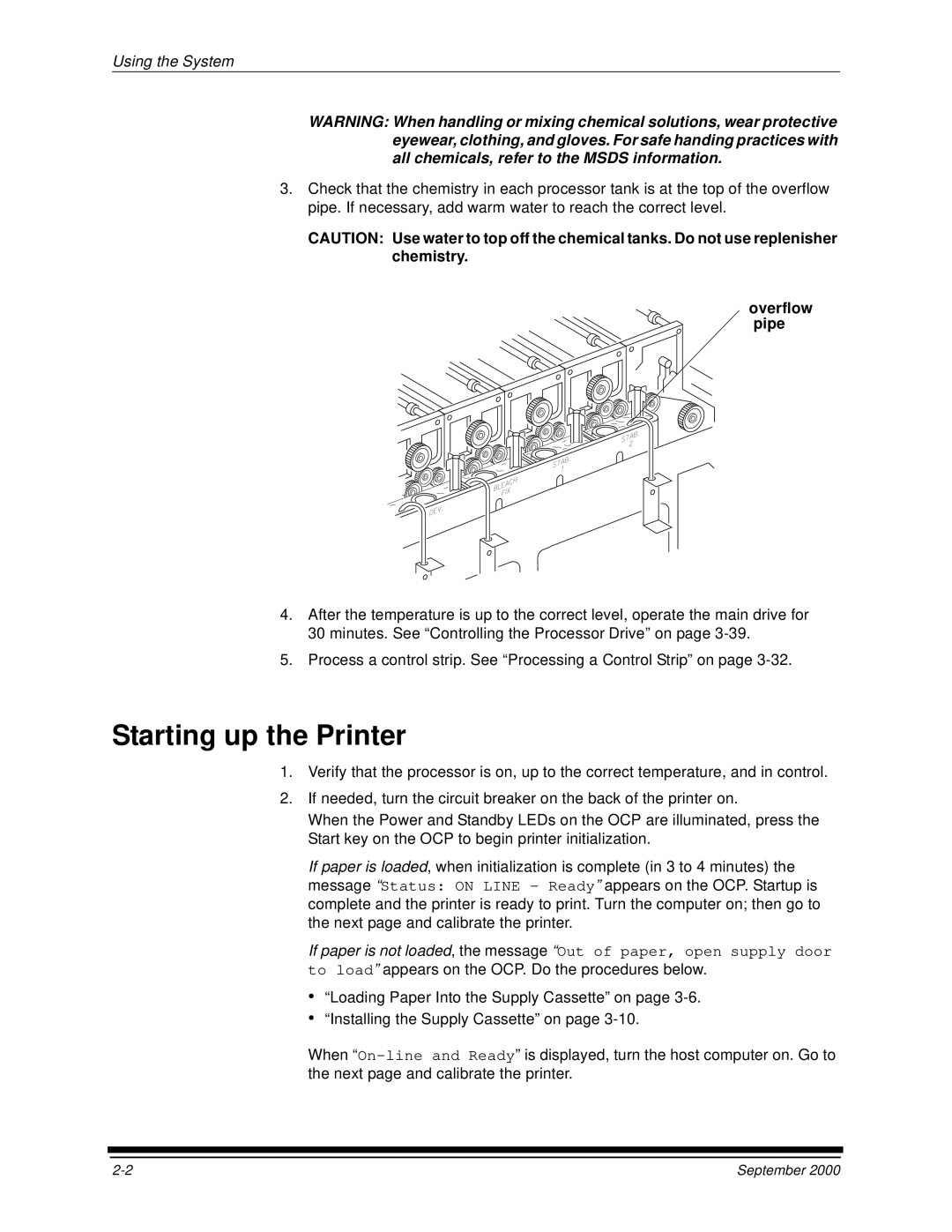 Kodak 20P manual Starting up the Printer, Overflow pipe 