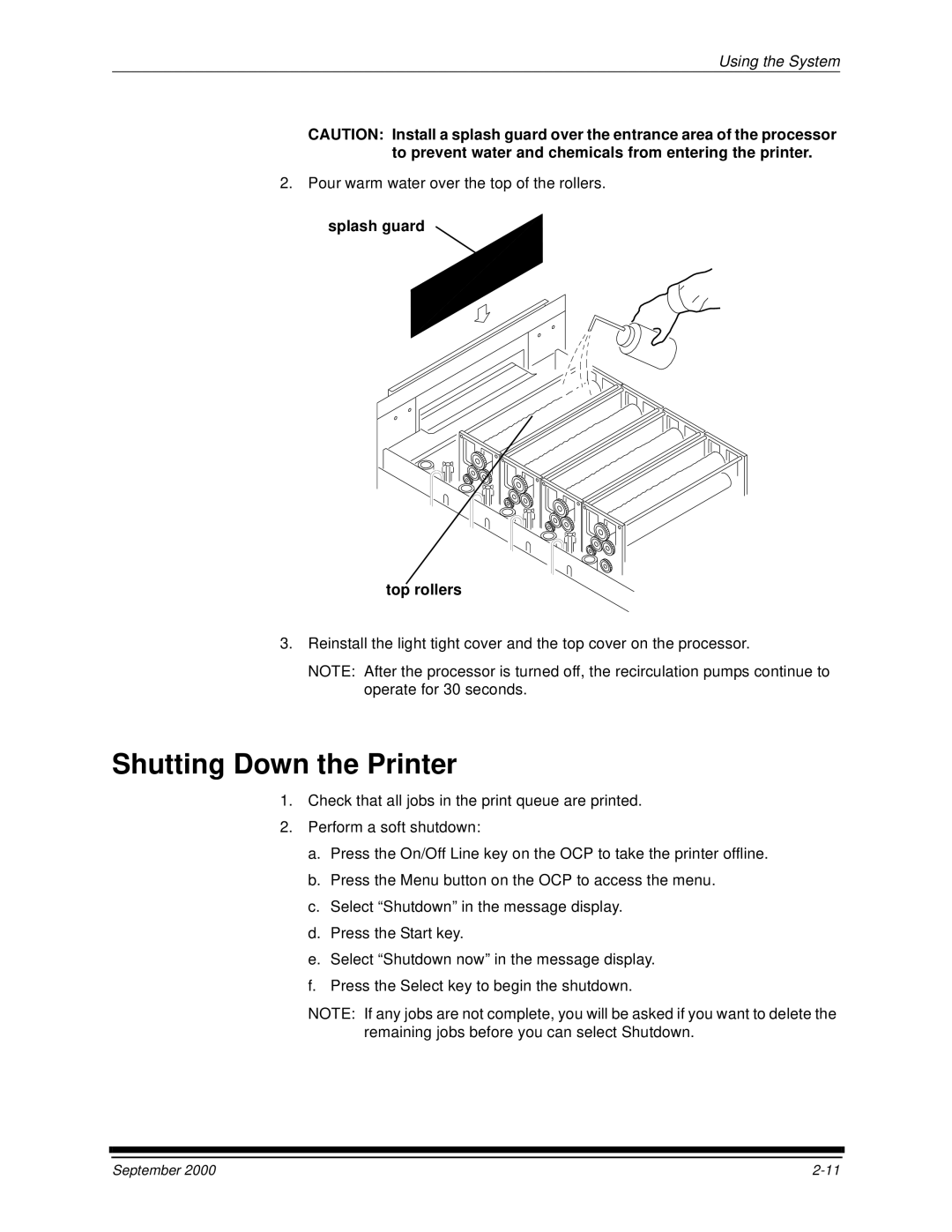 Kodak 20P manual Shutting Down the Printer, Splash guard Top rollers 