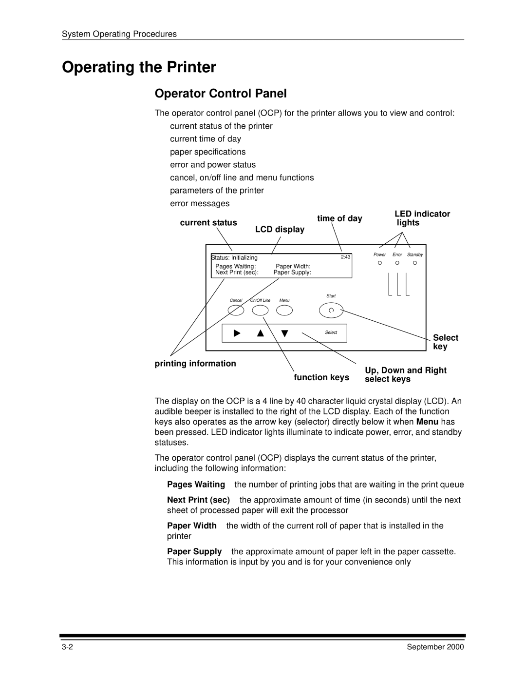 Kodak 20P Operating the Printer, Operator Control Panel, Time of day LED indicator Current status Lights LCD display, Key 