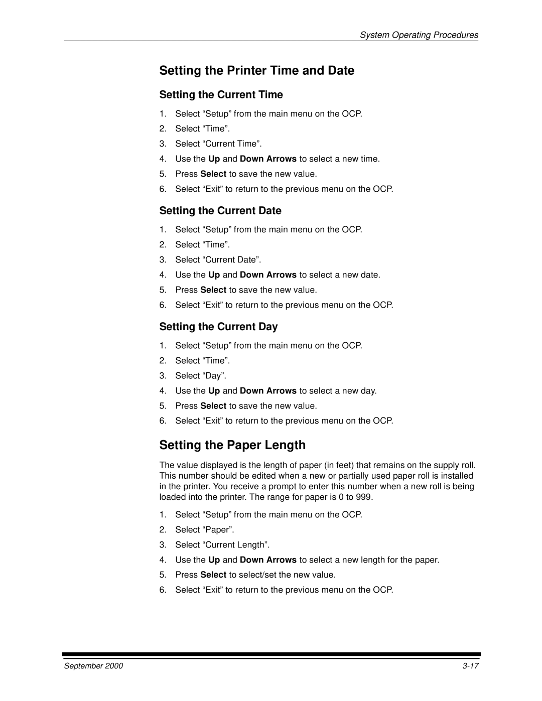 Kodak 20P Setting the Printer Time and Date, Setting the Paper Length, Setting the Current Time, Setting the Current Date 