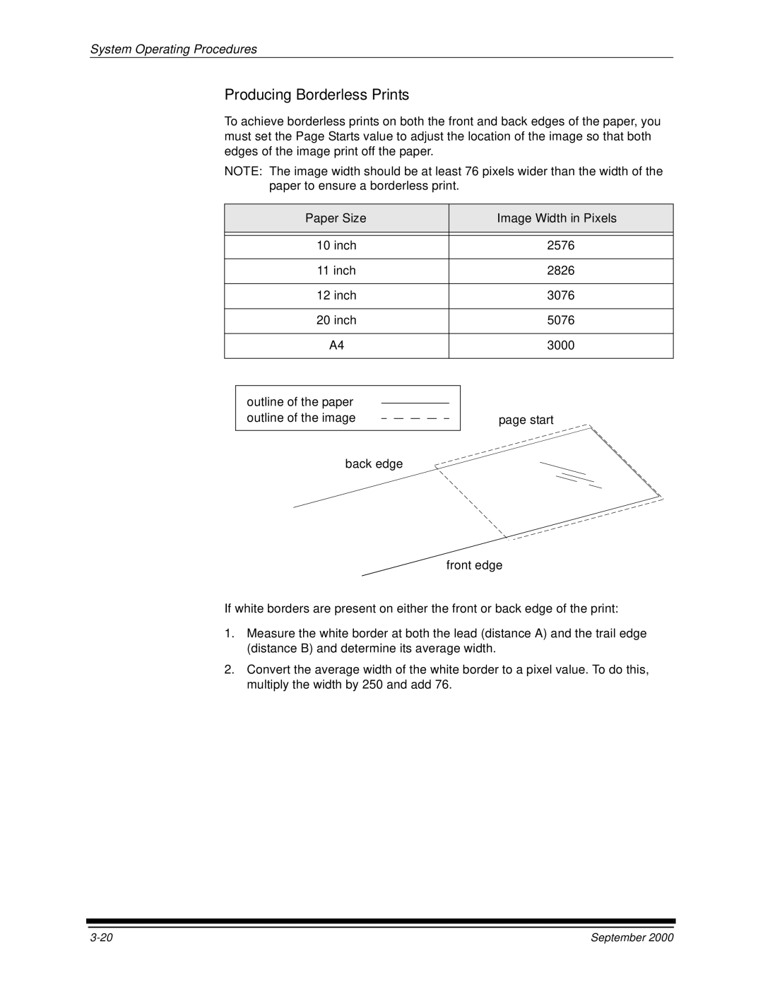 Kodak 20P manual Producing Borderless Prints, Paper Size Image Width in Pixels 