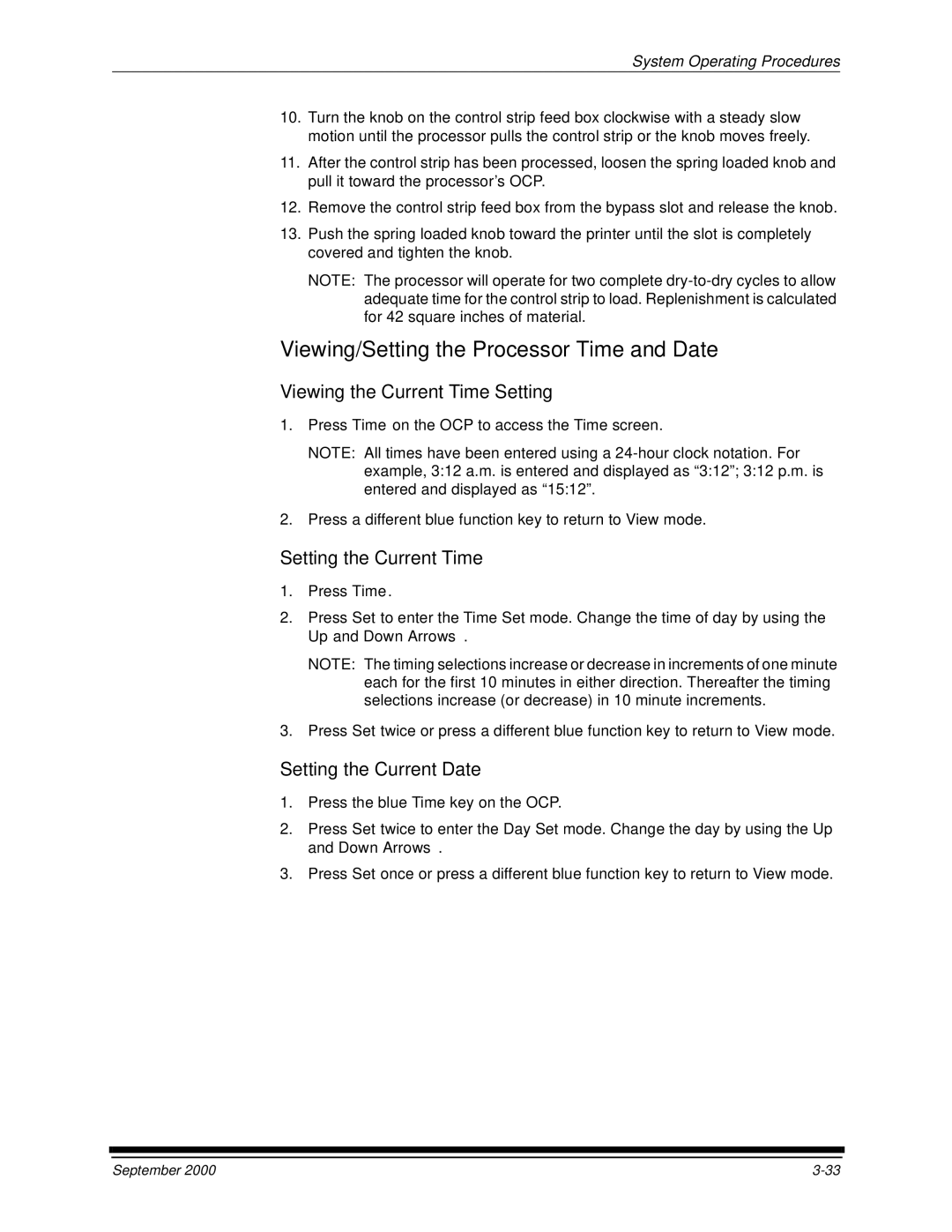 Kodak 20P manual Viewing/Setting the Processor Time and Date, Viewing the Current Time Setting 