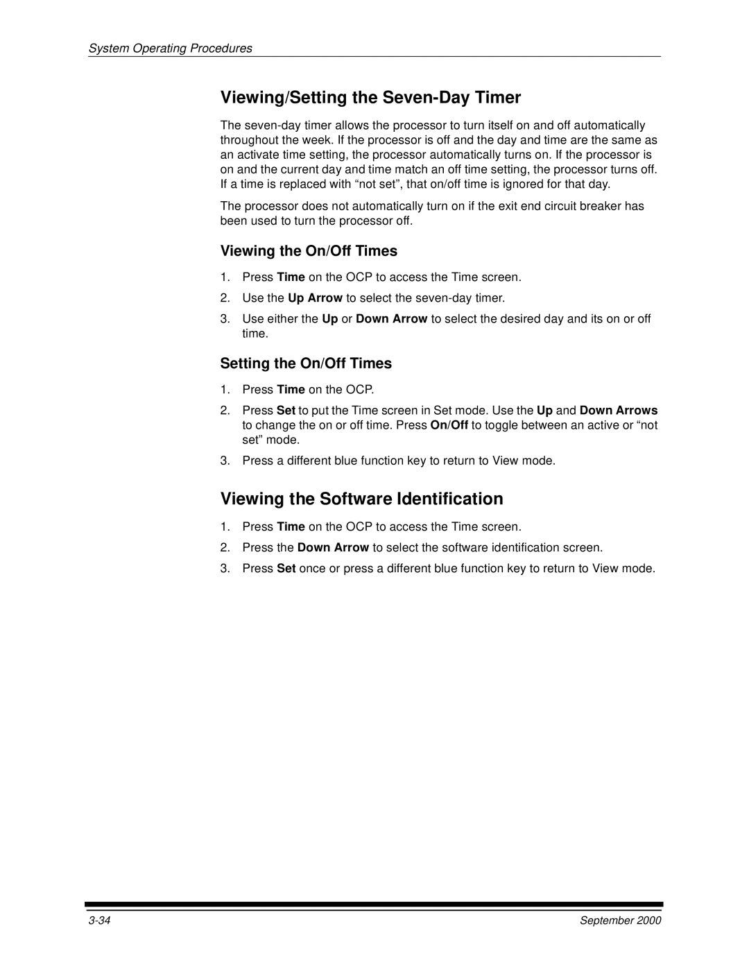 Kodak 20P manual Viewing/Setting the Seven-Day Timer, Viewing the Software Identification, Viewing the On/Off Times 