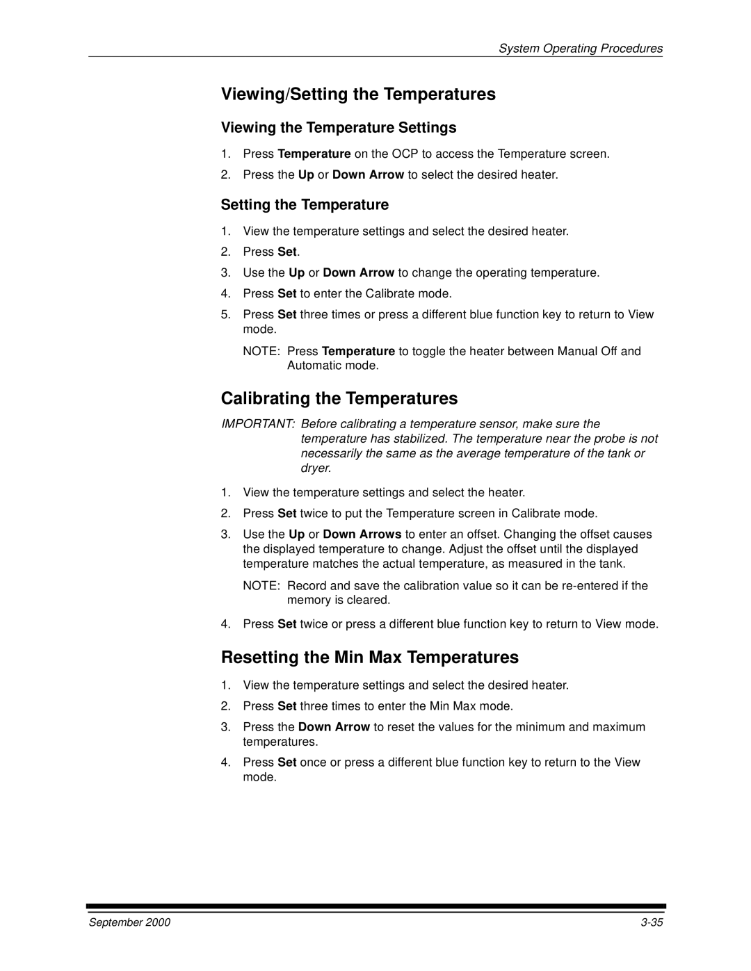 Kodak 20P manual Viewing/Setting the Temperatures, Calibrating the Temperatures, Resetting the Min Max Temperatures 