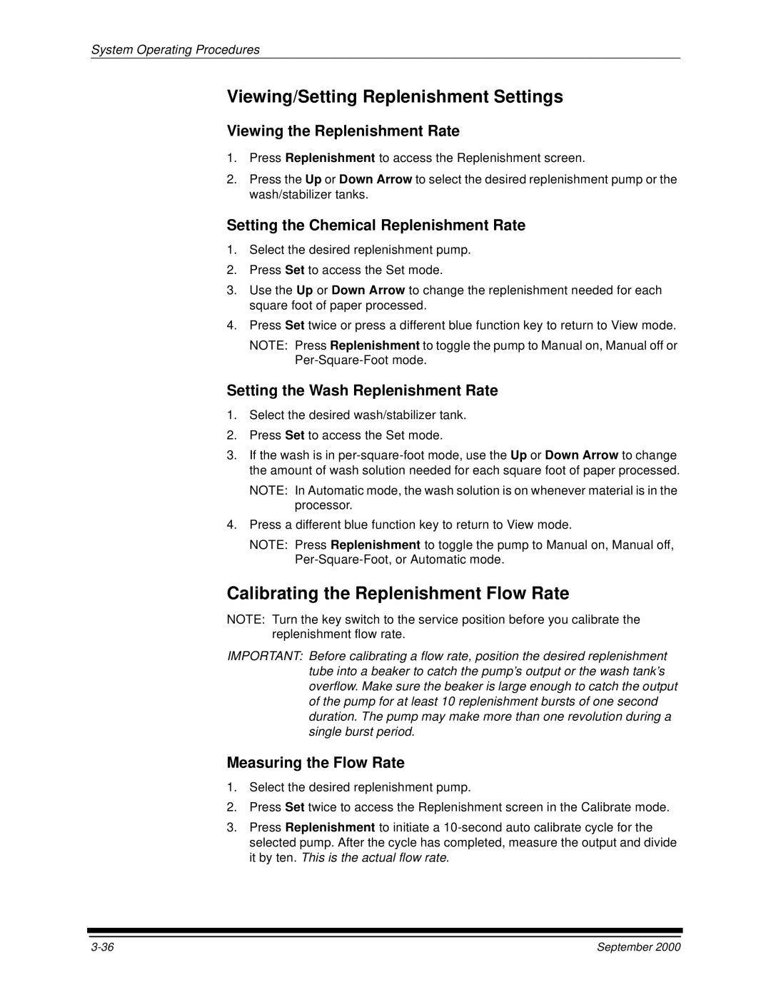 Kodak 20P manual Viewing/Setting Replenishment Settings, Calibrating the Replenishment Flow Rate 