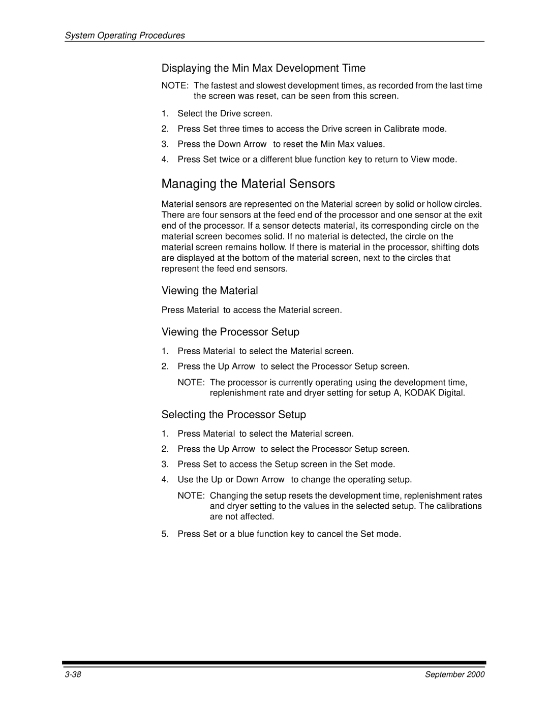 Kodak 20P manual Managing the Material Sensors, Displaying the Min Max Development Time, Viewing the Material 