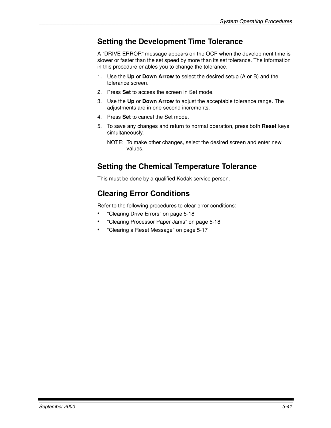 Kodak 20P Setting the Development Time Tolerance, Setting the Chemical Temperature Tolerance, Clearing Error Conditions 