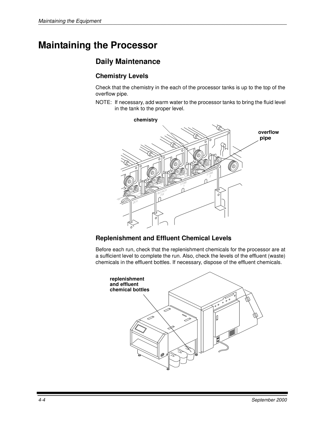 Kodak 20P manual Maintaining the Processor, Chemistry Levels, Replenishment and Effluent Chemical Levels 