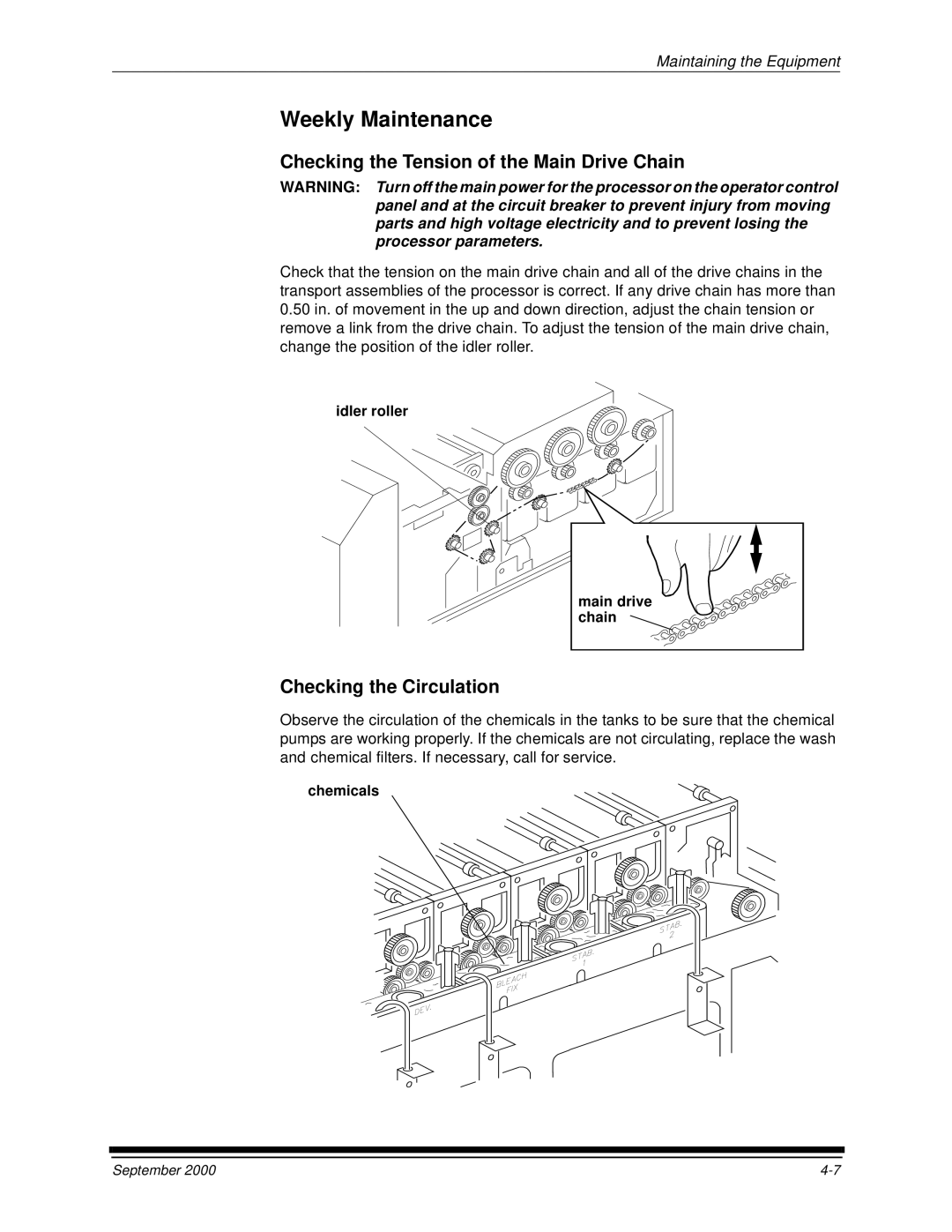 Kodak 20P manual Weekly Maintenance, Checking the Tension of the Main Drive Chain, Checking the Circulation 