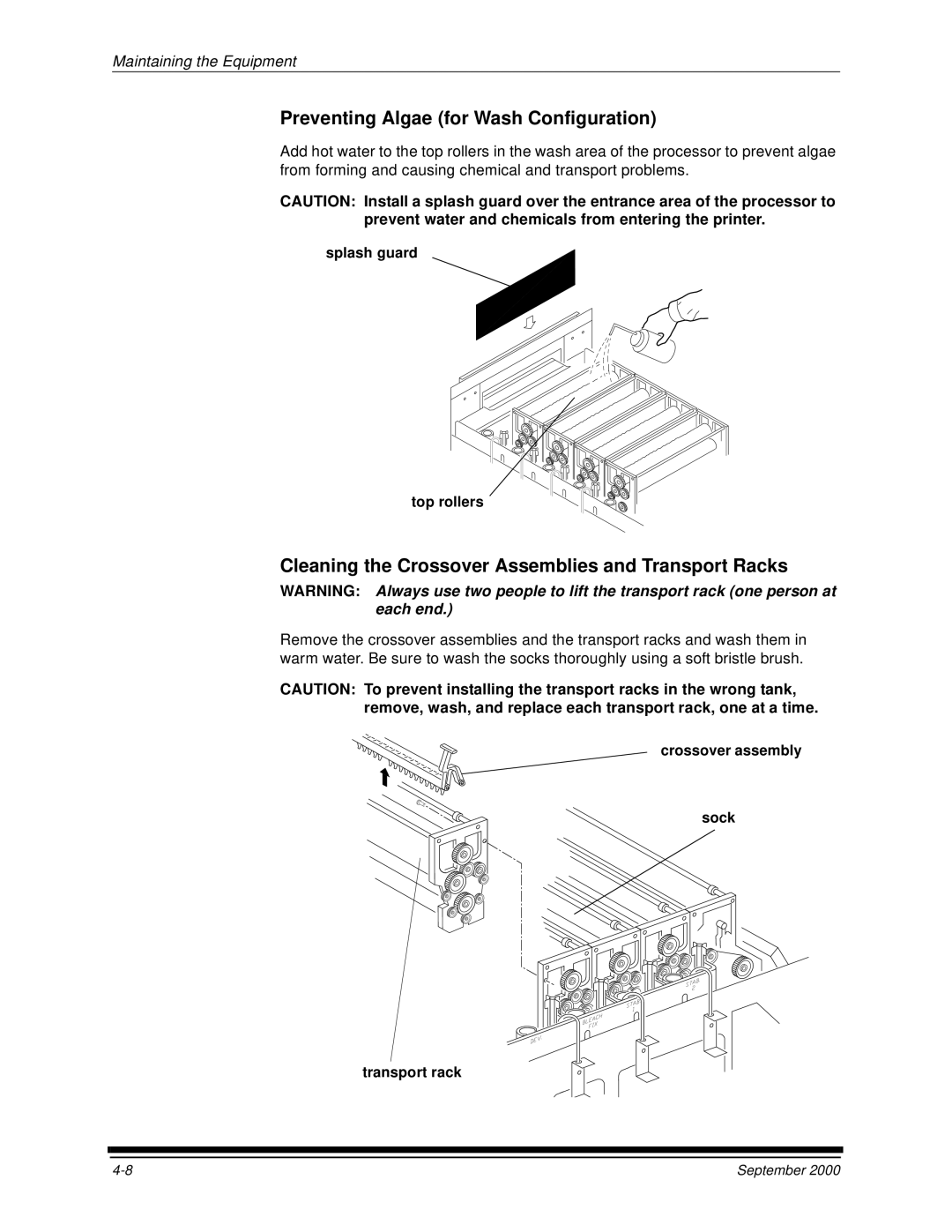 Kodak 20P manual Preventing Algae for Wash Configuration, Cleaning the Crossover Assemblies and Transport Racks 