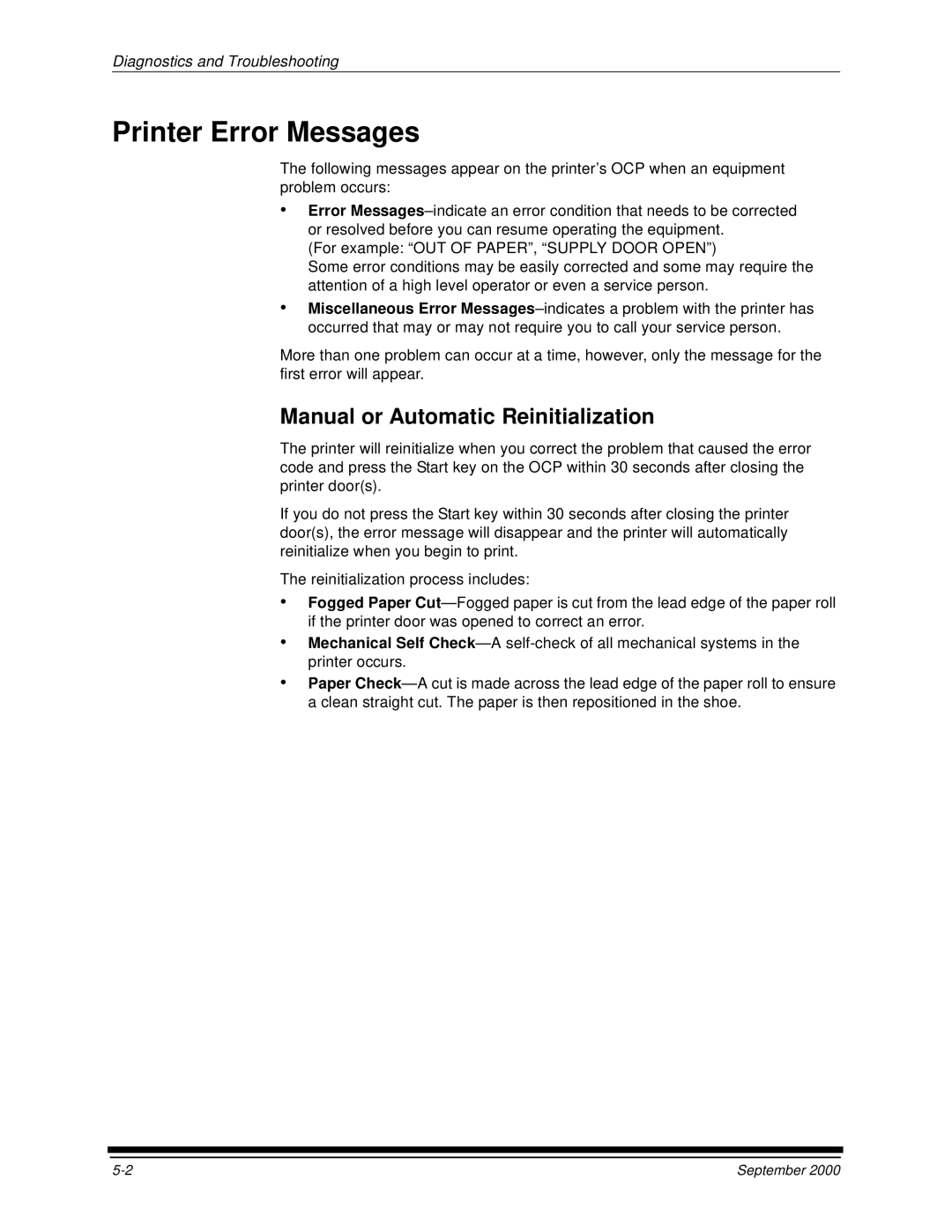 Kodak 20P manual Printer Error Messages, Manual or Automatic Reinitialization 