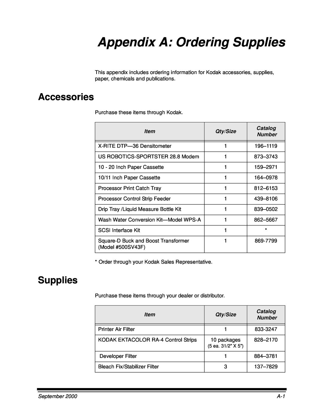Kodak 20P manual Appendix A Ordering Supplies, Accessories, Item, Qty/Size, Catalog, Number, September 