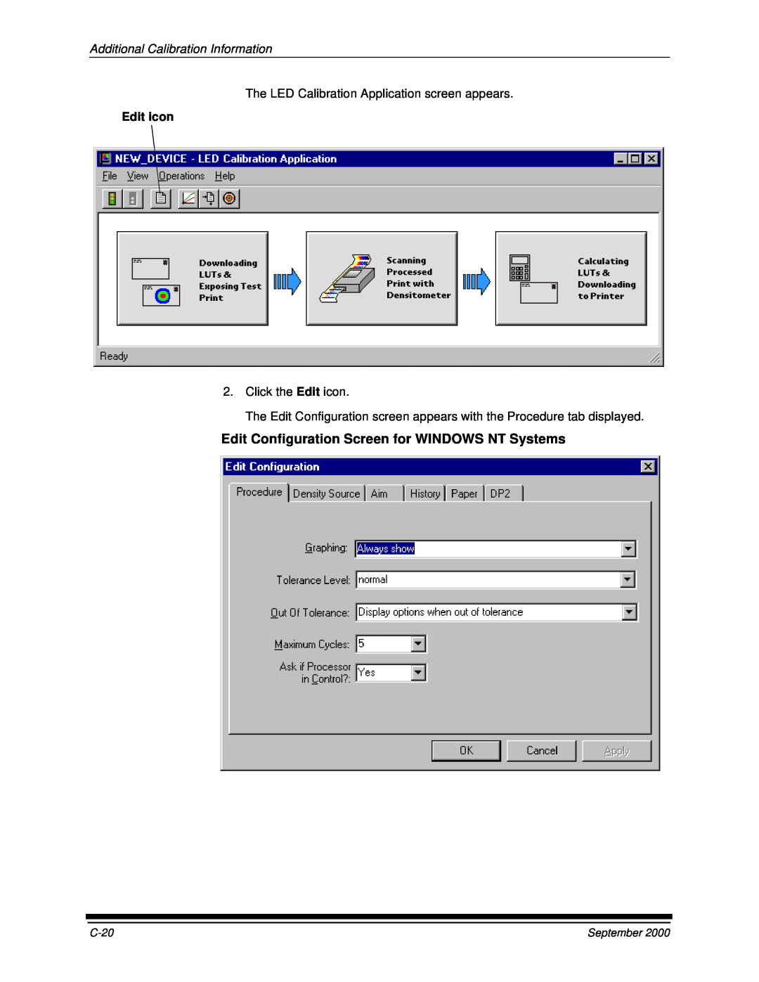 Kodak 20P manual Edit Configuration Screen for WINDOWS NT Systems, Additional Calibration Information, Edit icon, September 