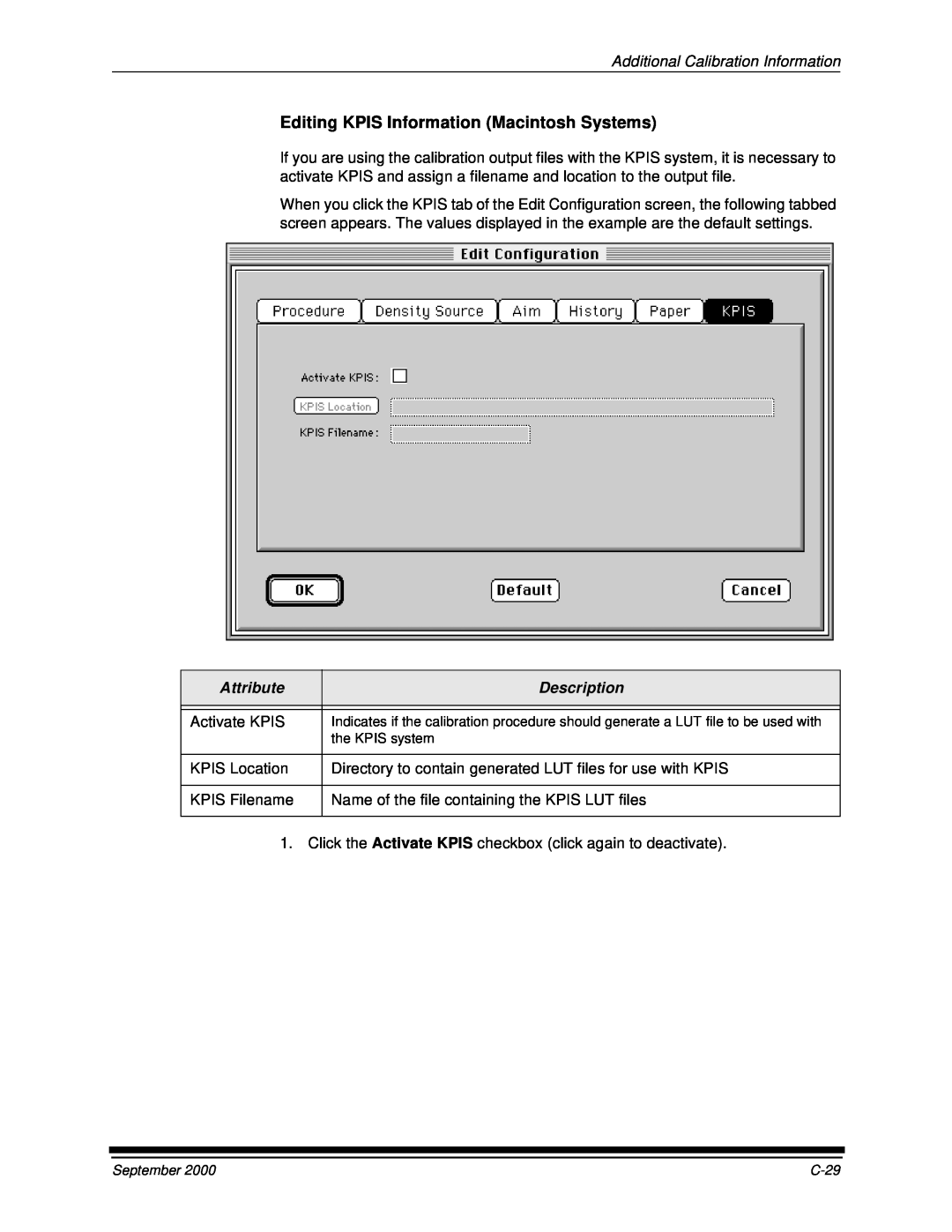 Kodak 20P manual Editing KPIS Information Macintosh Systems, Additional Calibration Information, Attribute, Description 