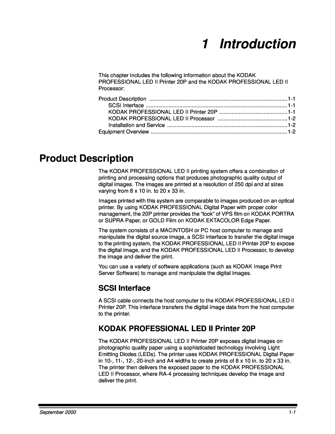 Kodak manual Introduction, Product Description, SCSI Interface, KODAK PROFESSIONAL LED II Printer 20P 