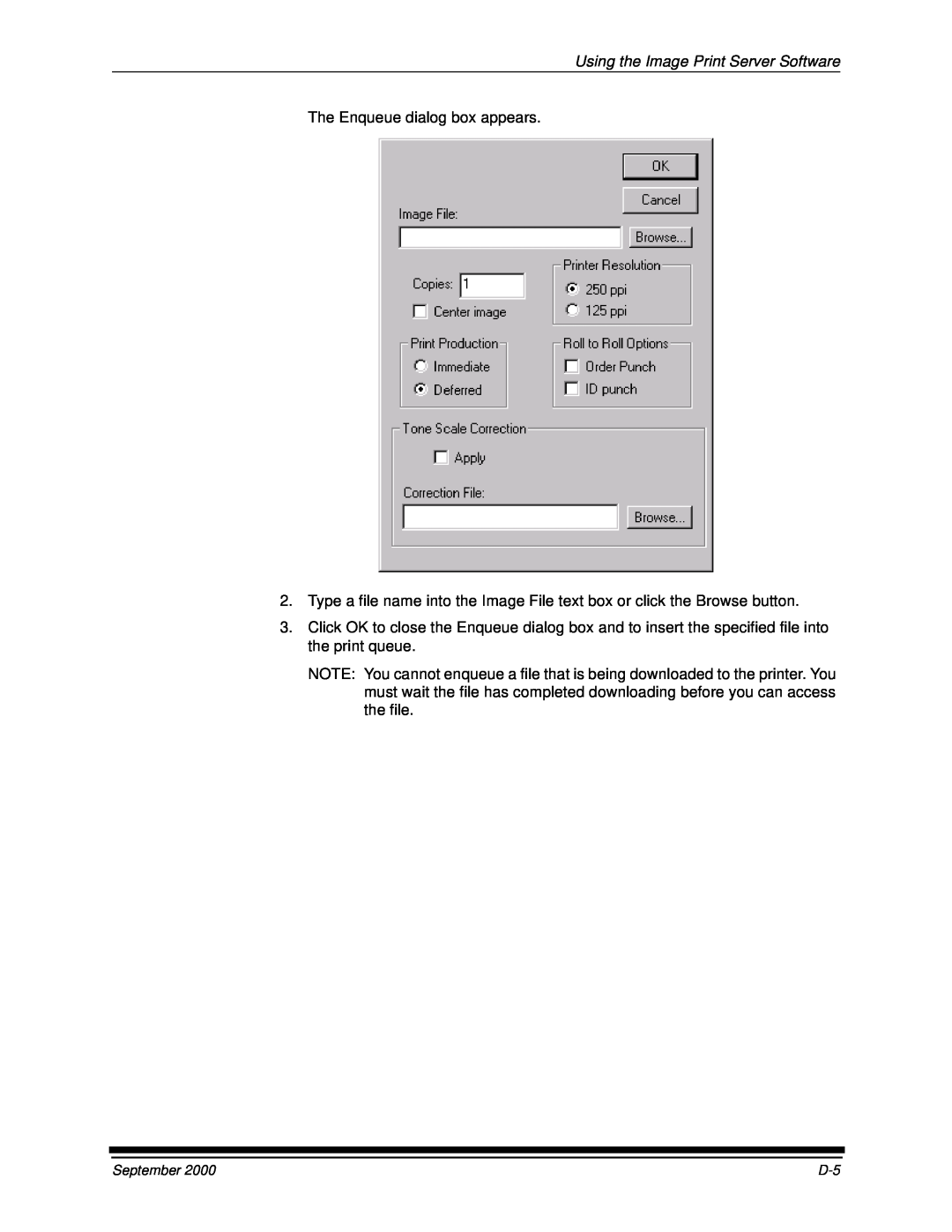 Kodak 20P manual Using the Image Print Server Software, The Enqueue dialog box appears 