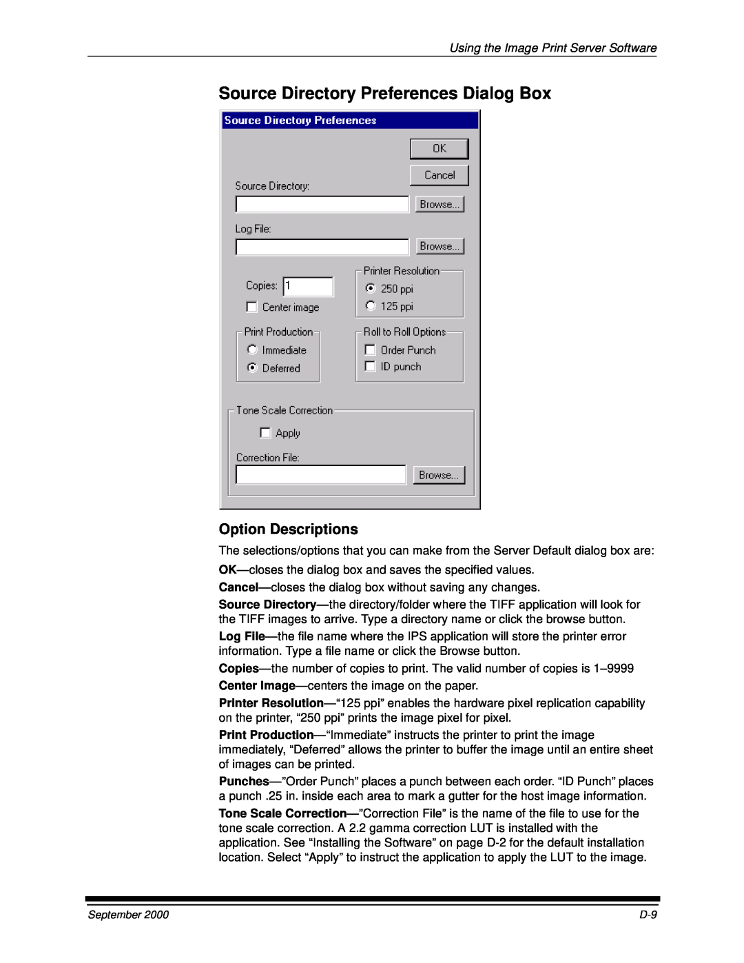 Kodak 20P manual Source Directory Preferences Dialog Box, Option Descriptions, Using the Image Print Server Software 