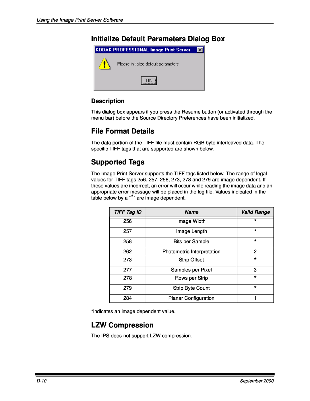 Kodak 20P Initialize Default Parameters Dialog Box, File Format Details, Supported Tags, LZW Compression, Description 