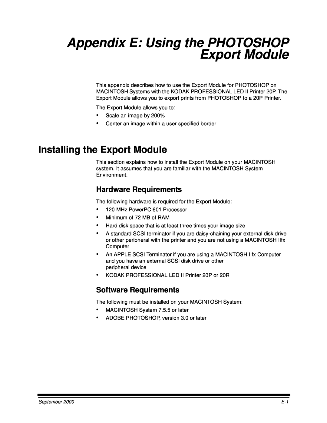 Kodak 20P manual Appendix E: Using the PHOTOSHOP Export Module, Installing the Export Module, Hardware Requirements 