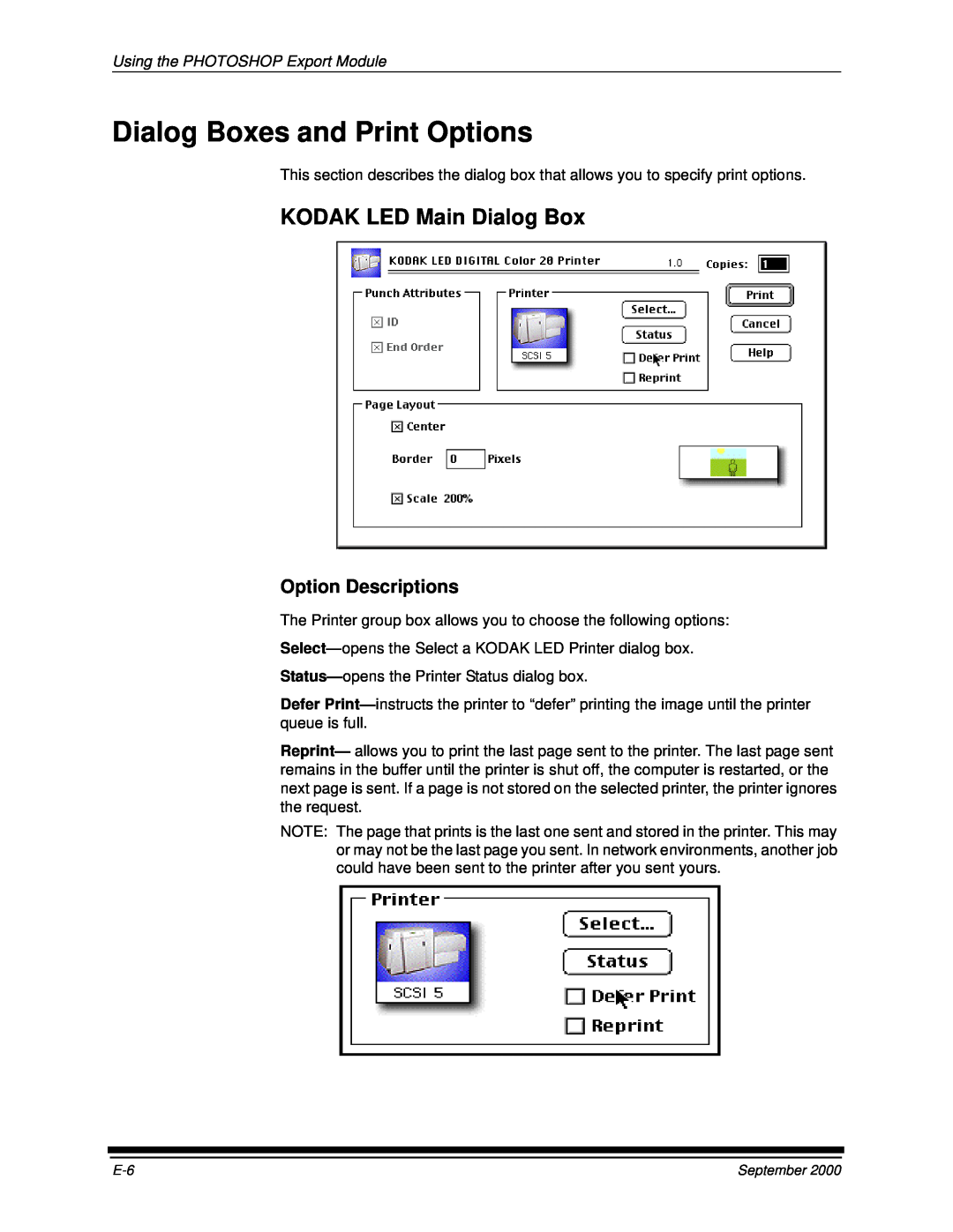 Kodak 20P manual KODAK LED Main Dialog Box, Dialog Boxes and Print Options, Option Descriptions 