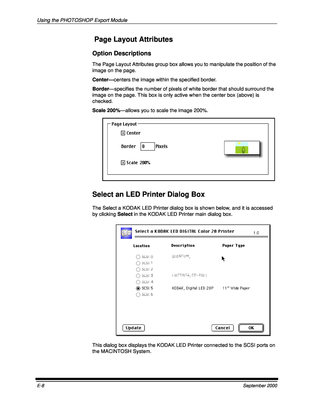 Kodak 20P Page Layout Attributes, Select an LED Printer Dialog Box, Option Descriptions, Using the PHOTOSHOP Export Module 