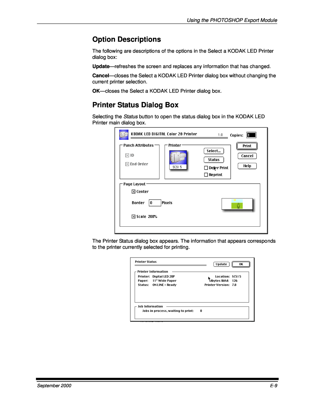 Kodak 20P manual Printer Status Dialog Box, Option Descriptions, Using the PHOTOSHOP Export Module 
