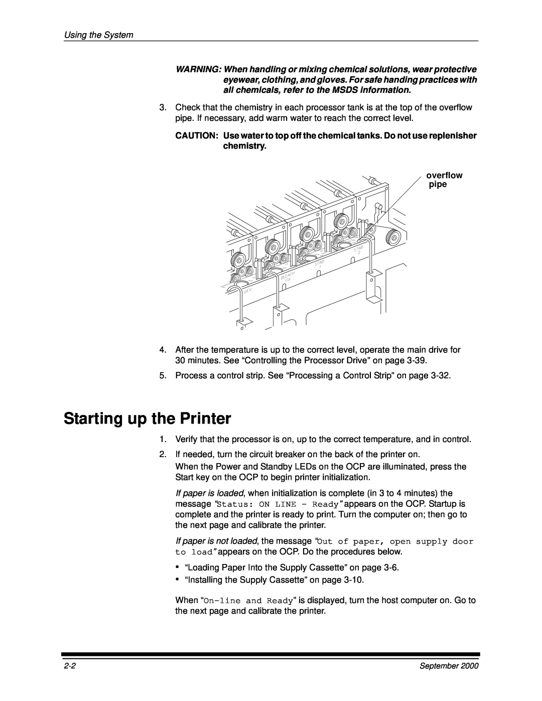 Kodak 20P manual Starting up the Printer, Using the System, overflow pipe 
