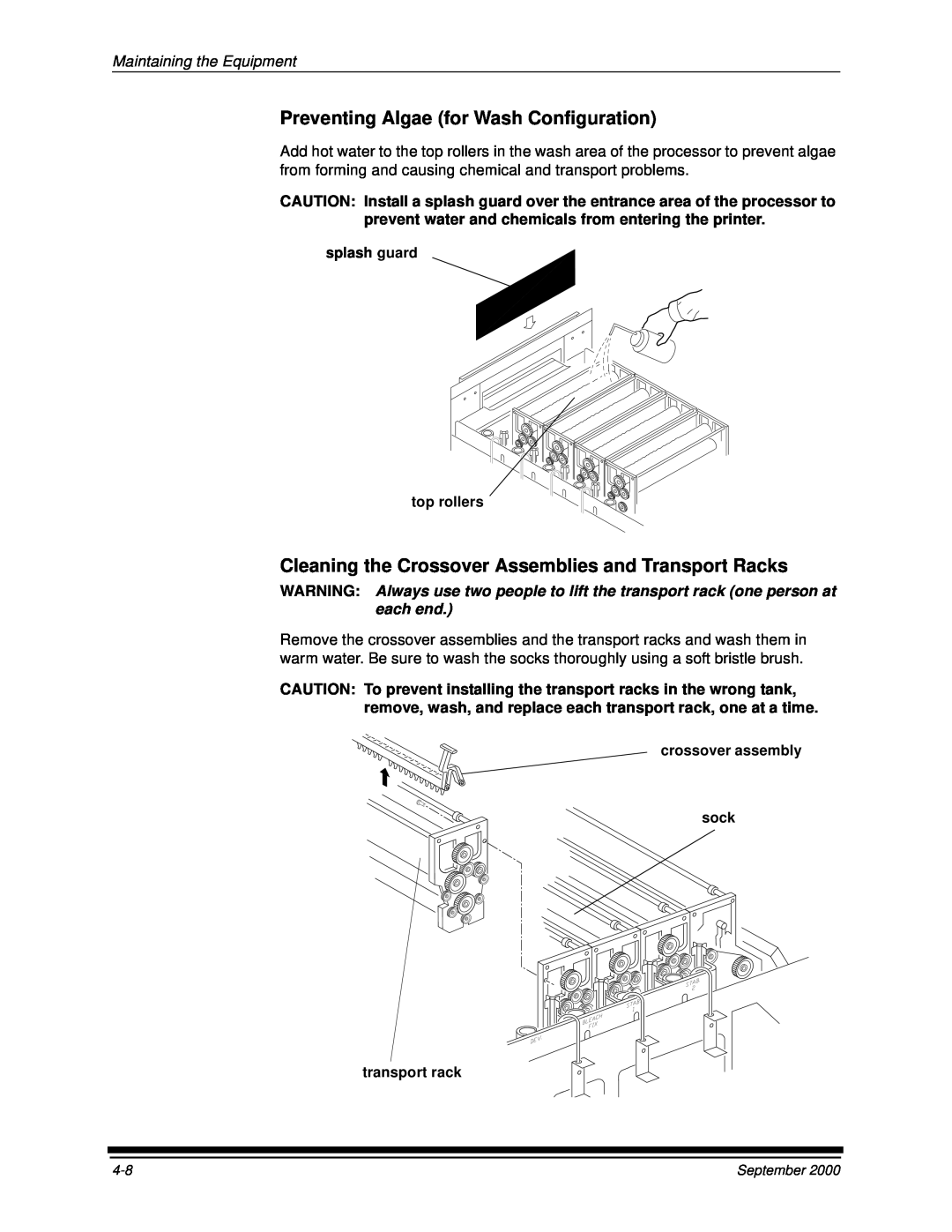 Kodak 20P manual Preventing Algae for Wash Configuration, Maintaining the Equipment, splash guard top rollers 