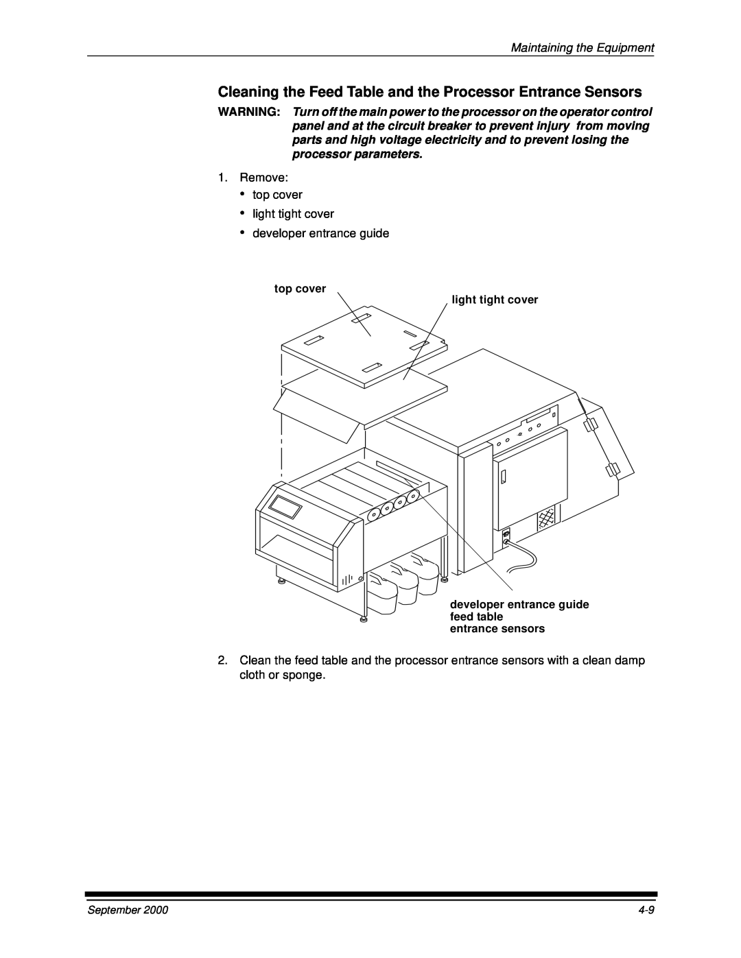 Kodak 20P Maintaining the Equipment, Remove •top cover •light tight cover, •developer entrance guide, entrance sensors 