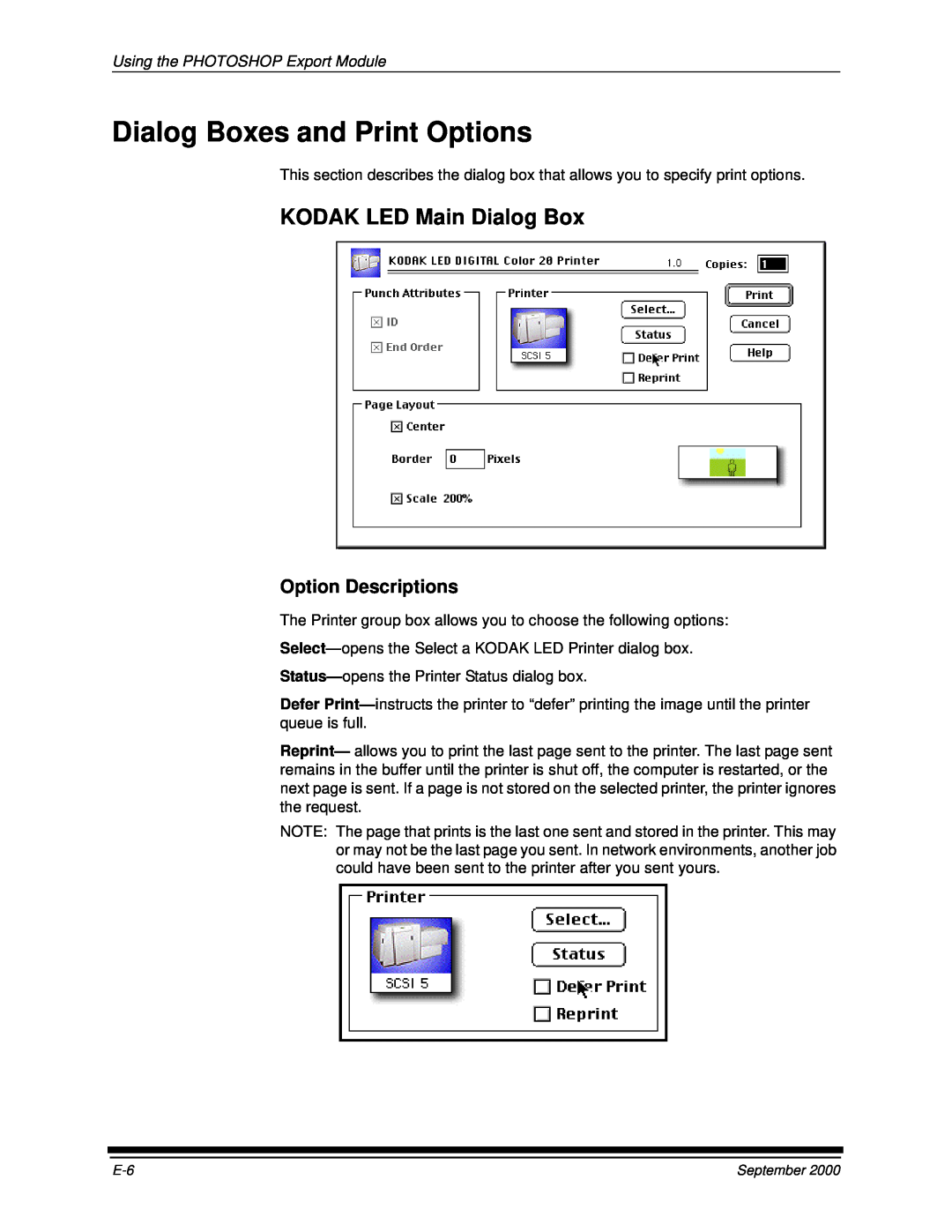 Kodak 20R manual KODAK LED Main Dialog Box, Dialog Boxes and Print Options, Option Descriptions 