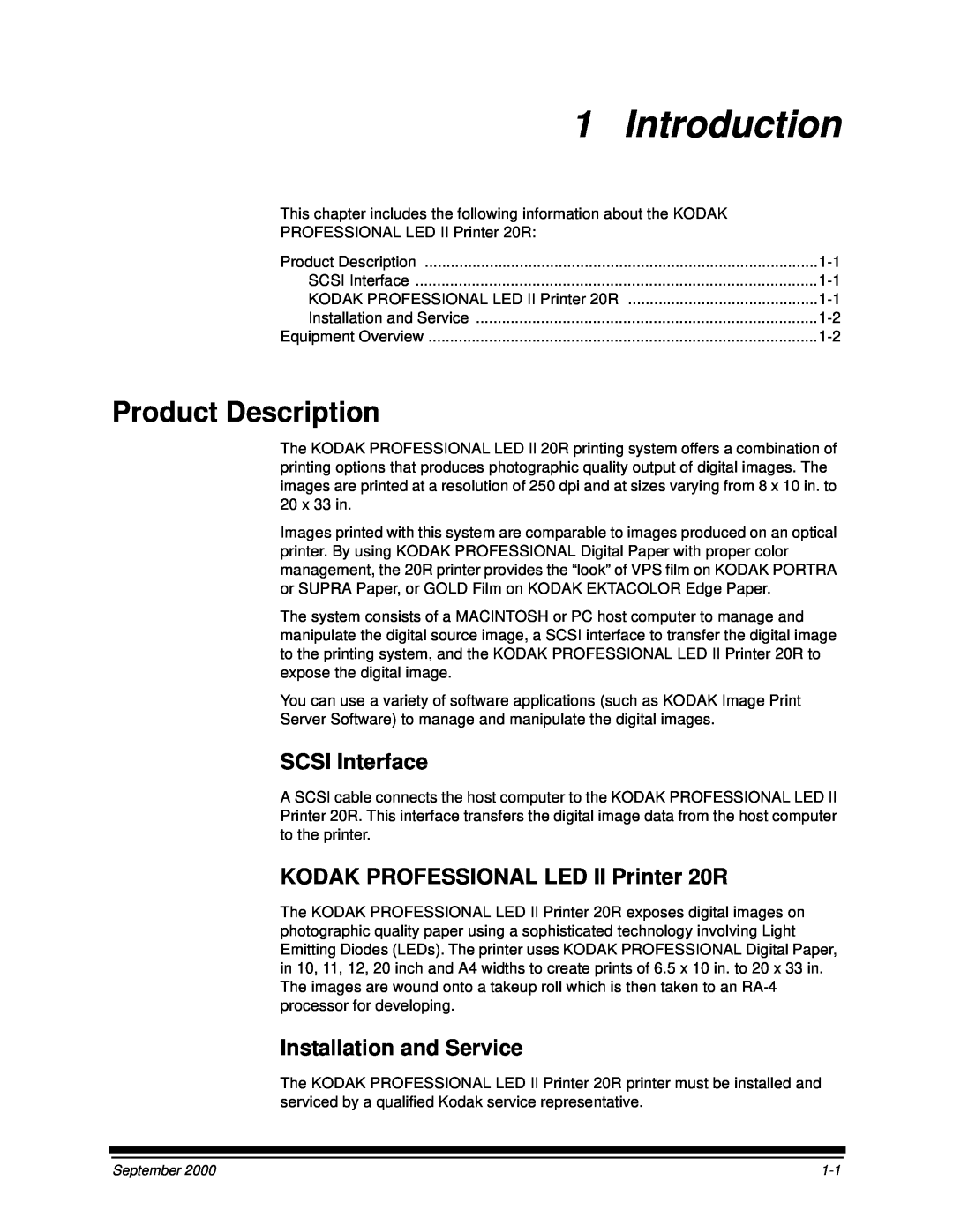 Kodak manual Introduction, Product Description, SCSI Interface, KODAK PROFESSIONAL LED II Printer 20R 