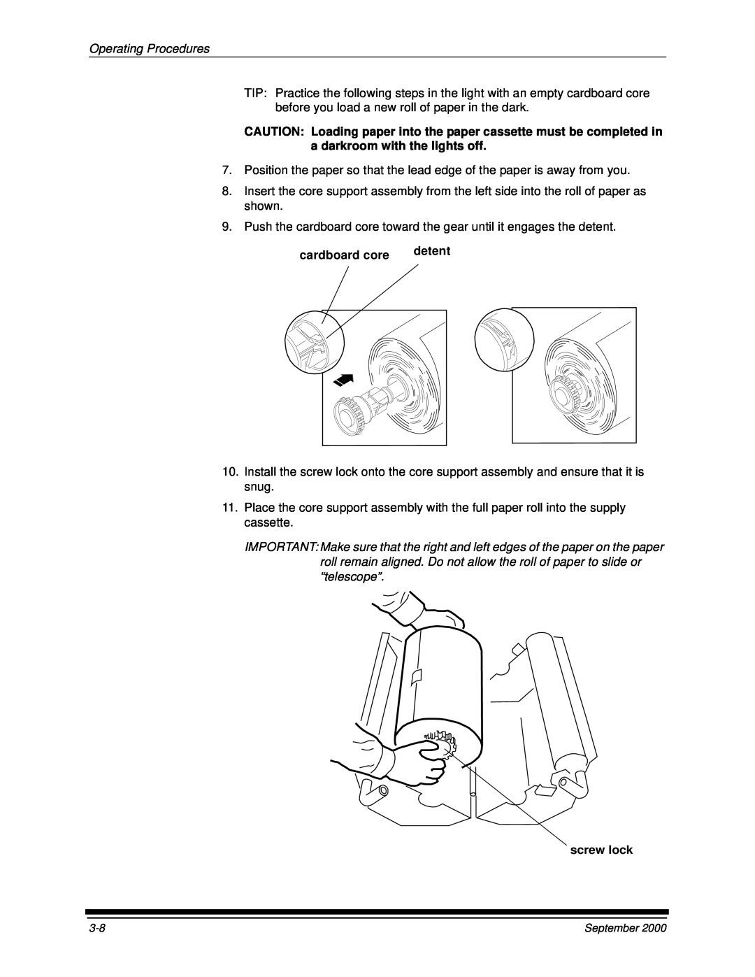 Kodak 20R manual Operating Procedures, cardboard core, detent, screw lock 