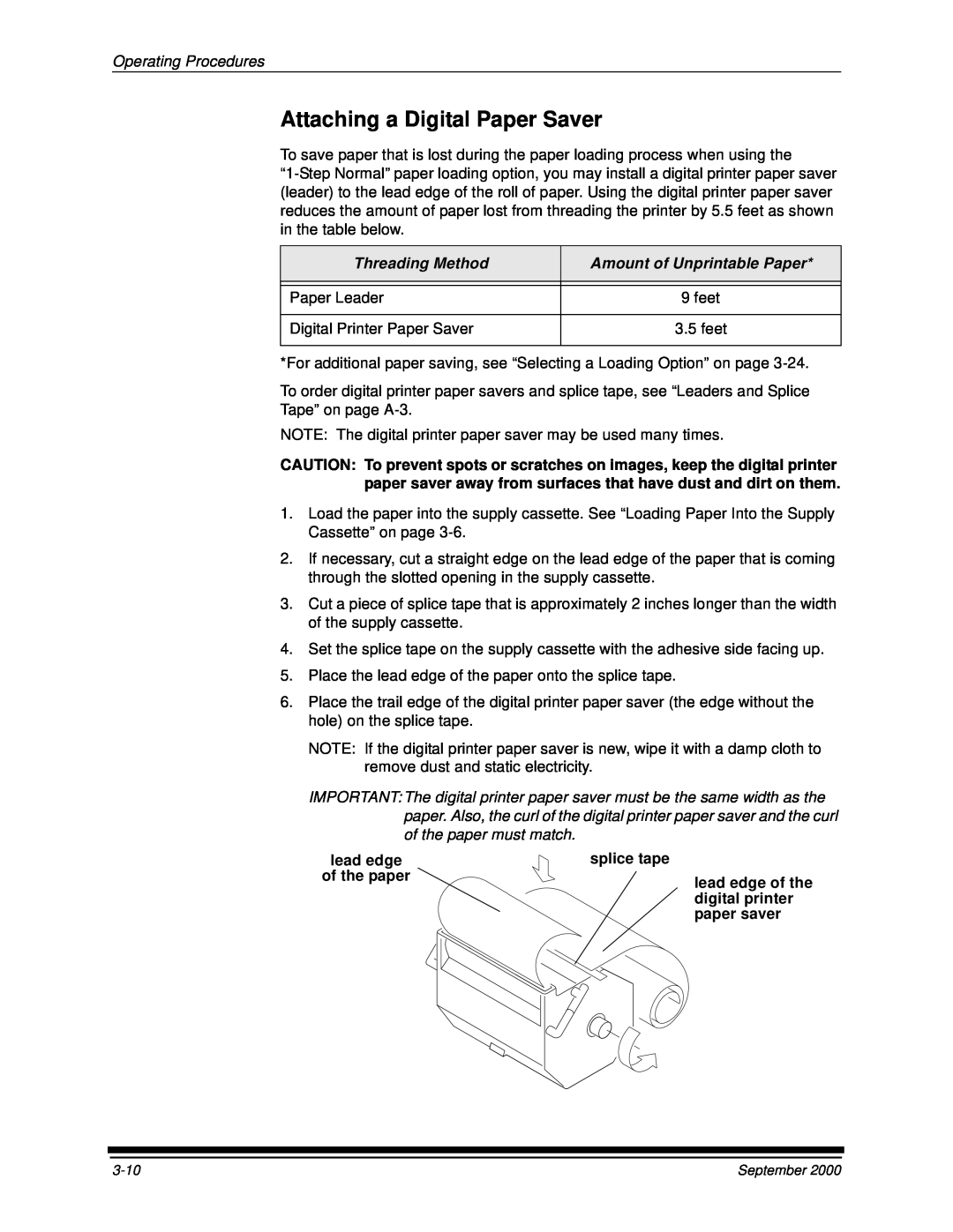Kodak 20R manual Attaching a Digital Paper Saver, Operating Procedures, splice tape, digital printer, paper saver 