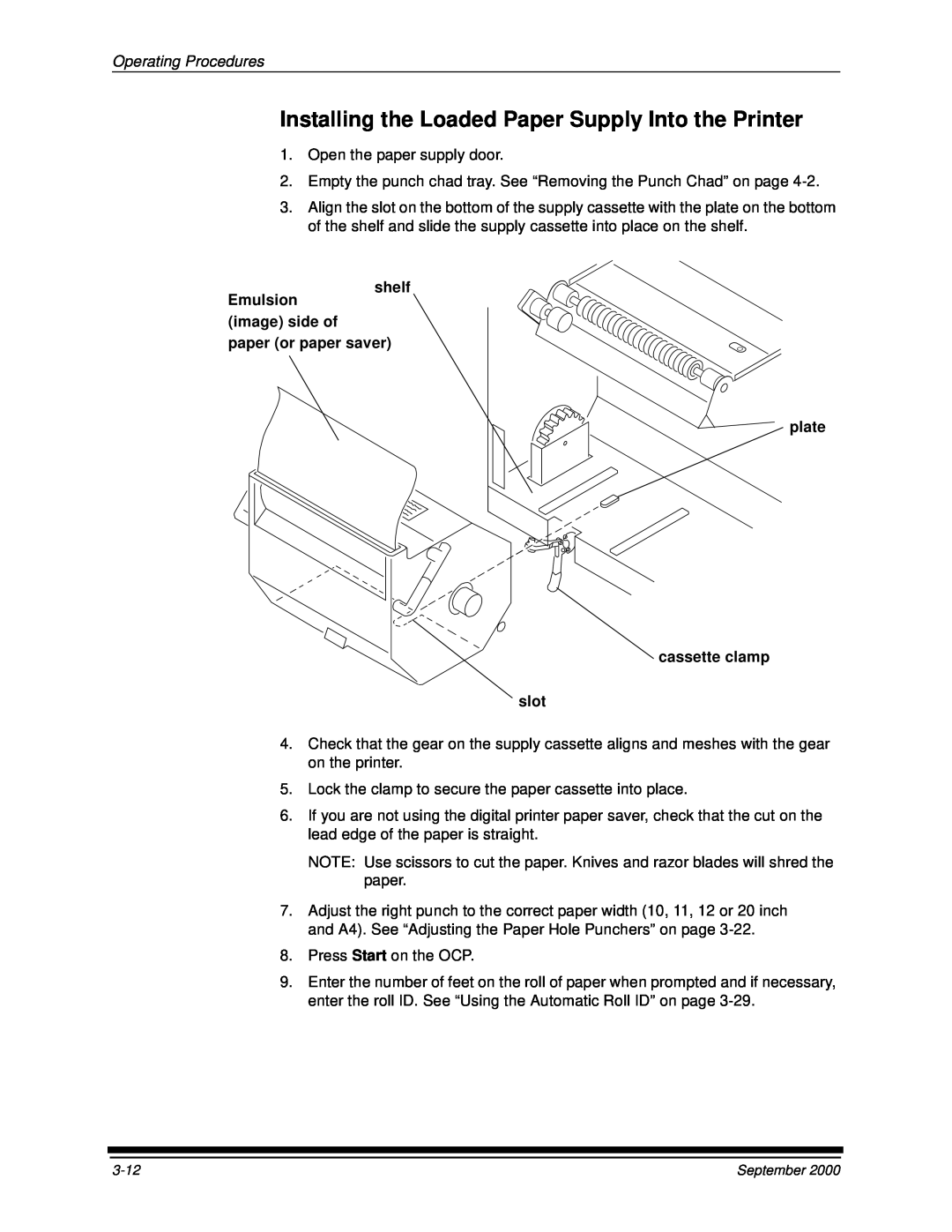Kodak 20R manual Operating Procedures, shelf Emulsion image side of paper or paper saver, plate cassette clamp slot 