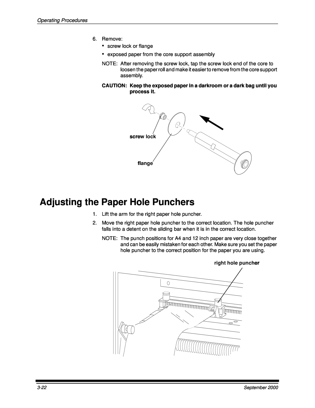 Kodak 20R manual Adjusting the Paper Hole Punchers, Operating Procedures, screw lock flange, right hole puncher 