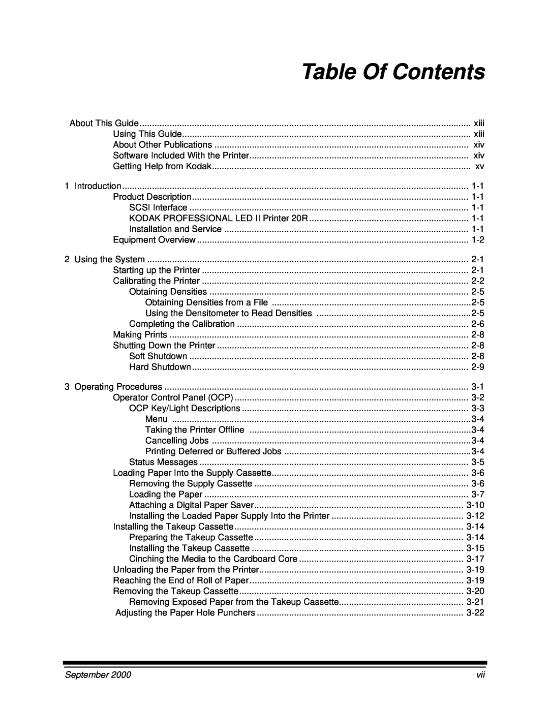 Kodak 20R manual Table Of Contents, September 