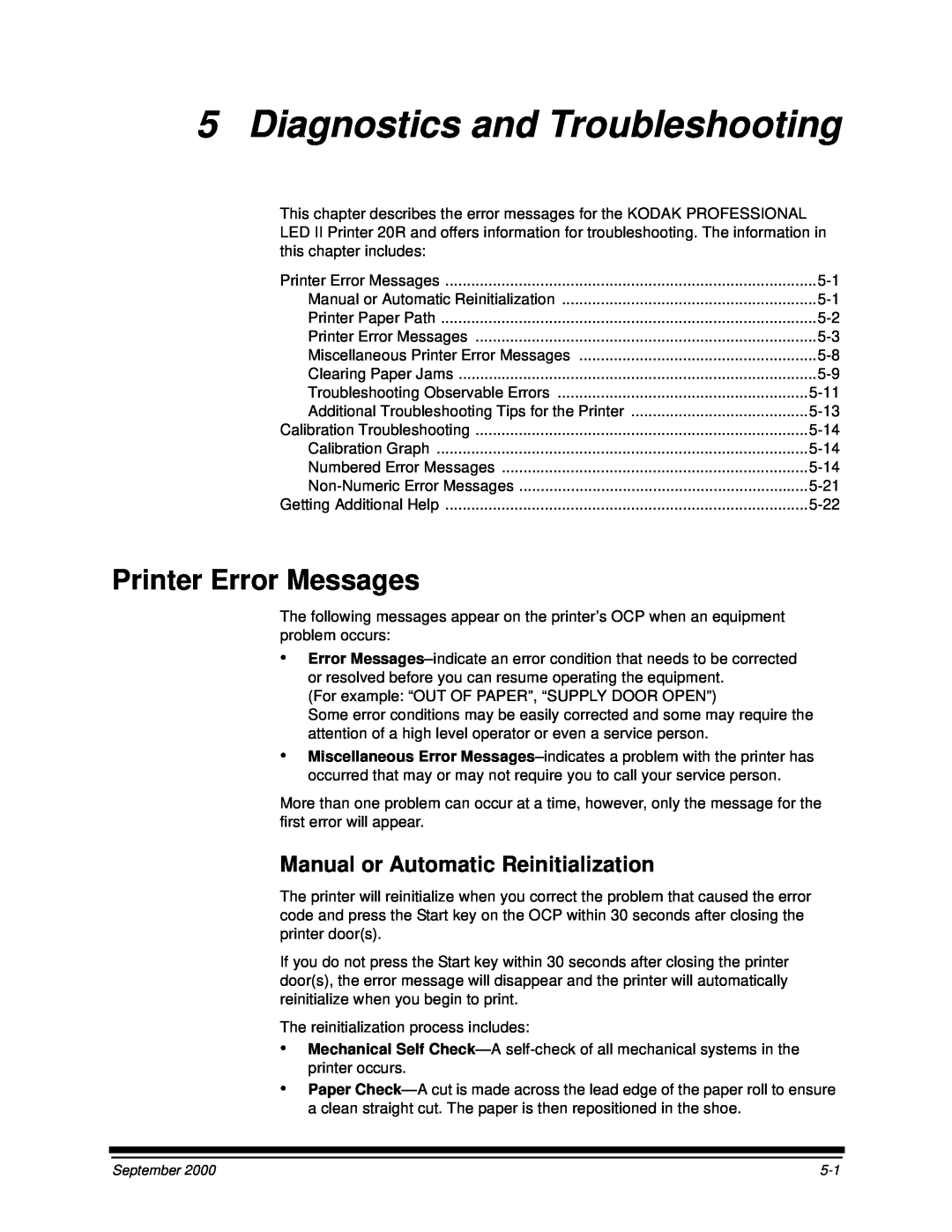 Kodak 20R manual Diagnostics and Troubleshooting, Printer Error Messages, Manual or Automatic Reinitialization 