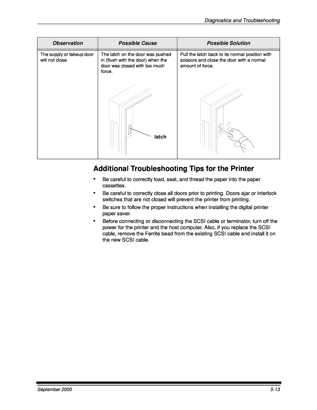 Kodak 20R manual Additional Troubleshooting Tips for the Printer, Diagnostics and Troubleshooting, latch 