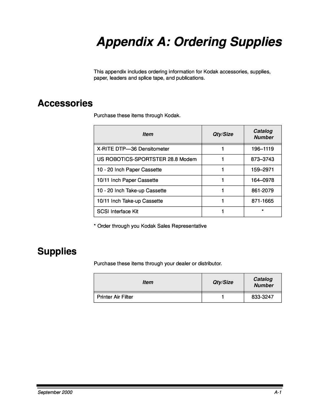 Kodak 20R manual Appendix A: Ordering Supplies, Accessories 