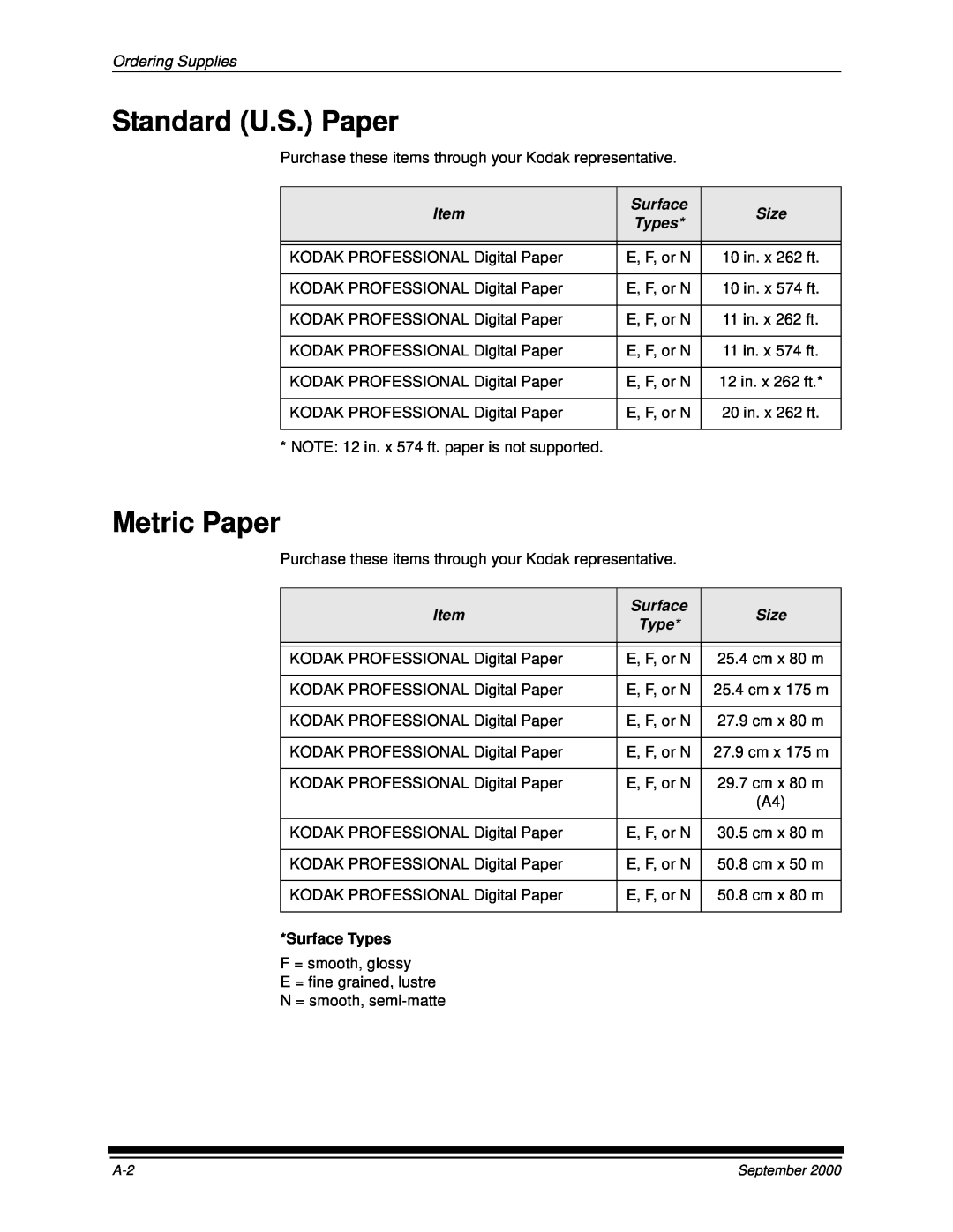 Kodak 20R manual Standard U.S. Paper, Metric Paper, Ordering Supplies, Surface Types 