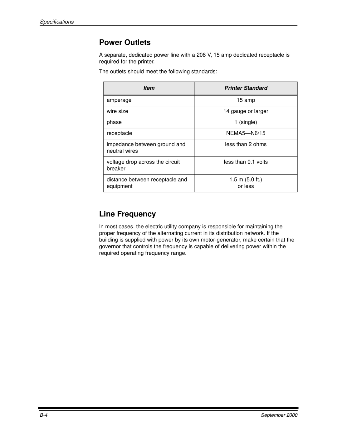 Kodak 20R manual Power Outlets, Line Frequency, Printer Standard 