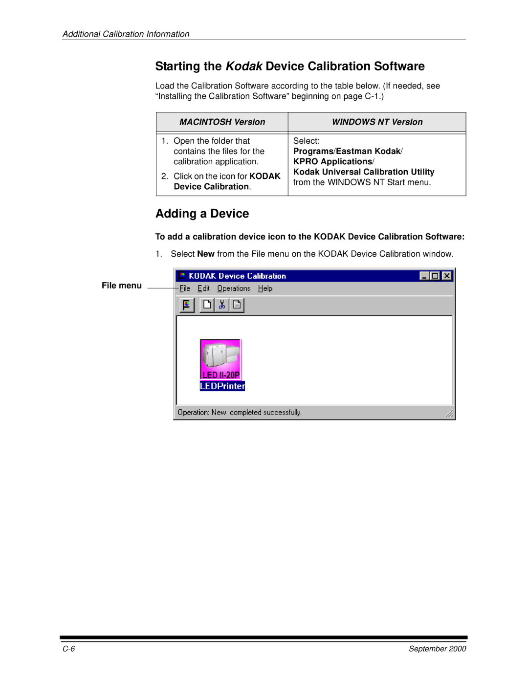 Kodak 20R manual Starting the Kodak Device Calibration Software, Adding a Device, Macintosh Version Windows NT Version 