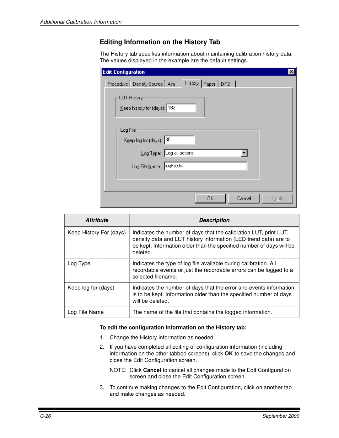 Kodak 20R manual Editing Information on the History Tab, To edit the configuration information on the History tab 