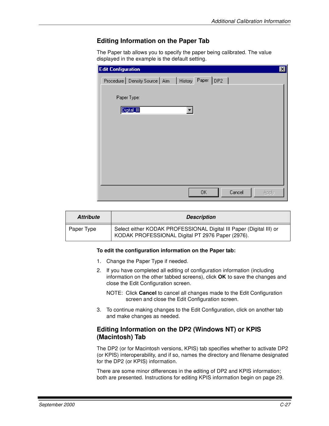 Kodak 20R manual Editing Information on the Paper Tab, To edit the configuration information on the Paper tab 