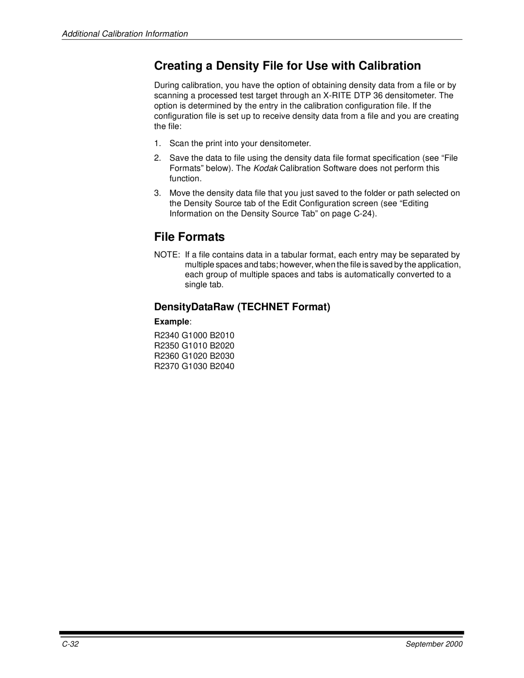 Kodak 20R manual Creating a Density File for Use with Calibration, File Formats, DensityDataRaw Technet Format, Example 