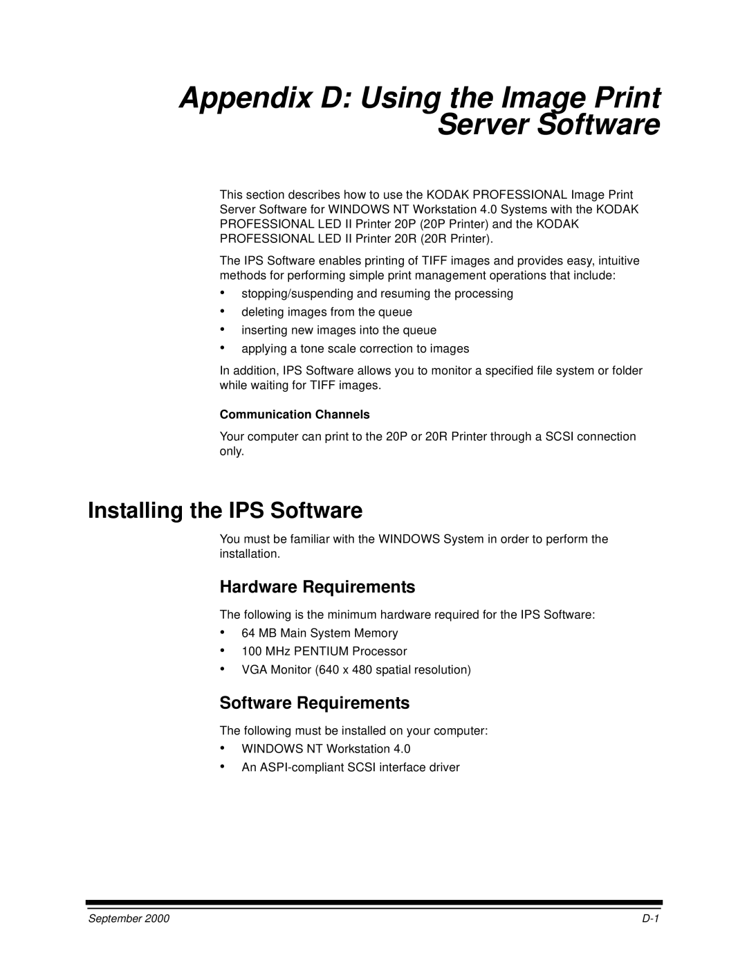 Kodak 20R manual Installing the IPS Software, Hardware Requirements, Software Requirements, Communication Channels 