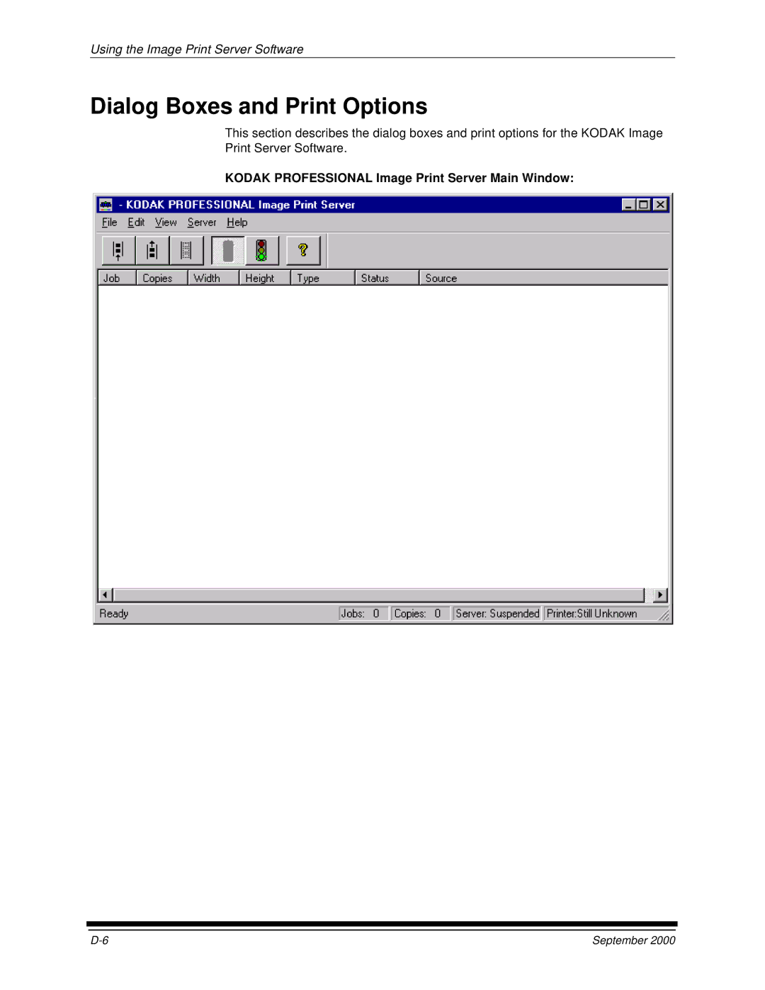 Kodak 20R manual Dialog Boxes and Print Options, Kodak Professional Image Print Server Main Window 