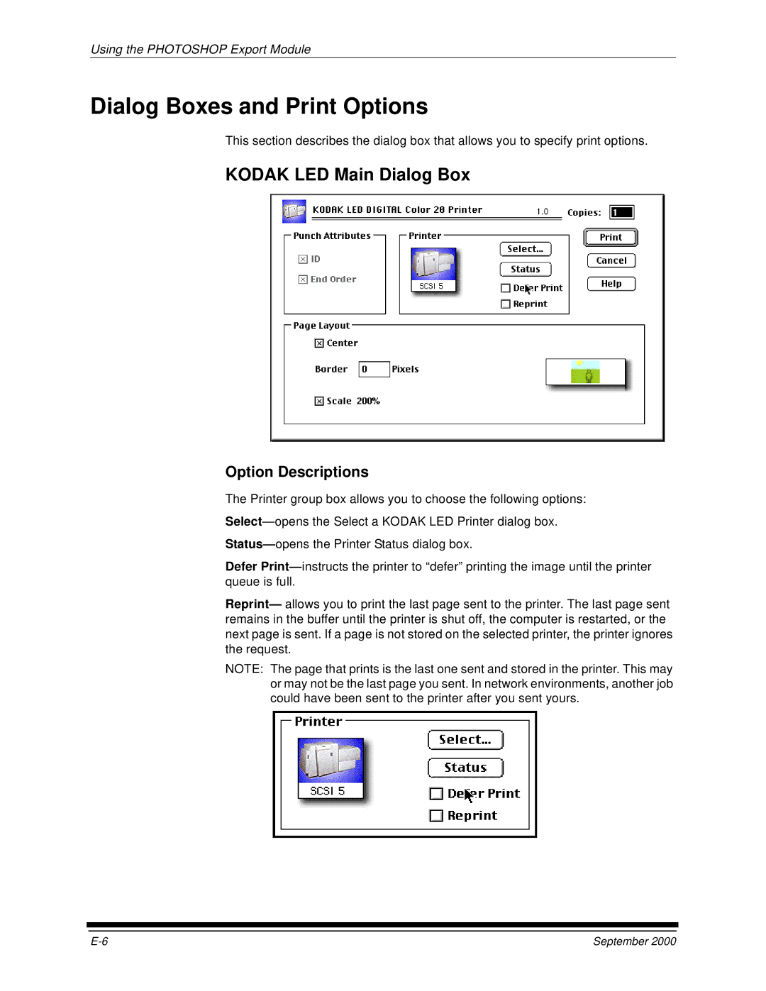 Kodak 20R manual Dialog Boxes and Print Options, Kodak LED Main Dialog Box 